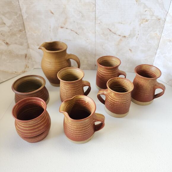 Vintage Stoneware Set Rustic Set of 8 Cups Pitcher